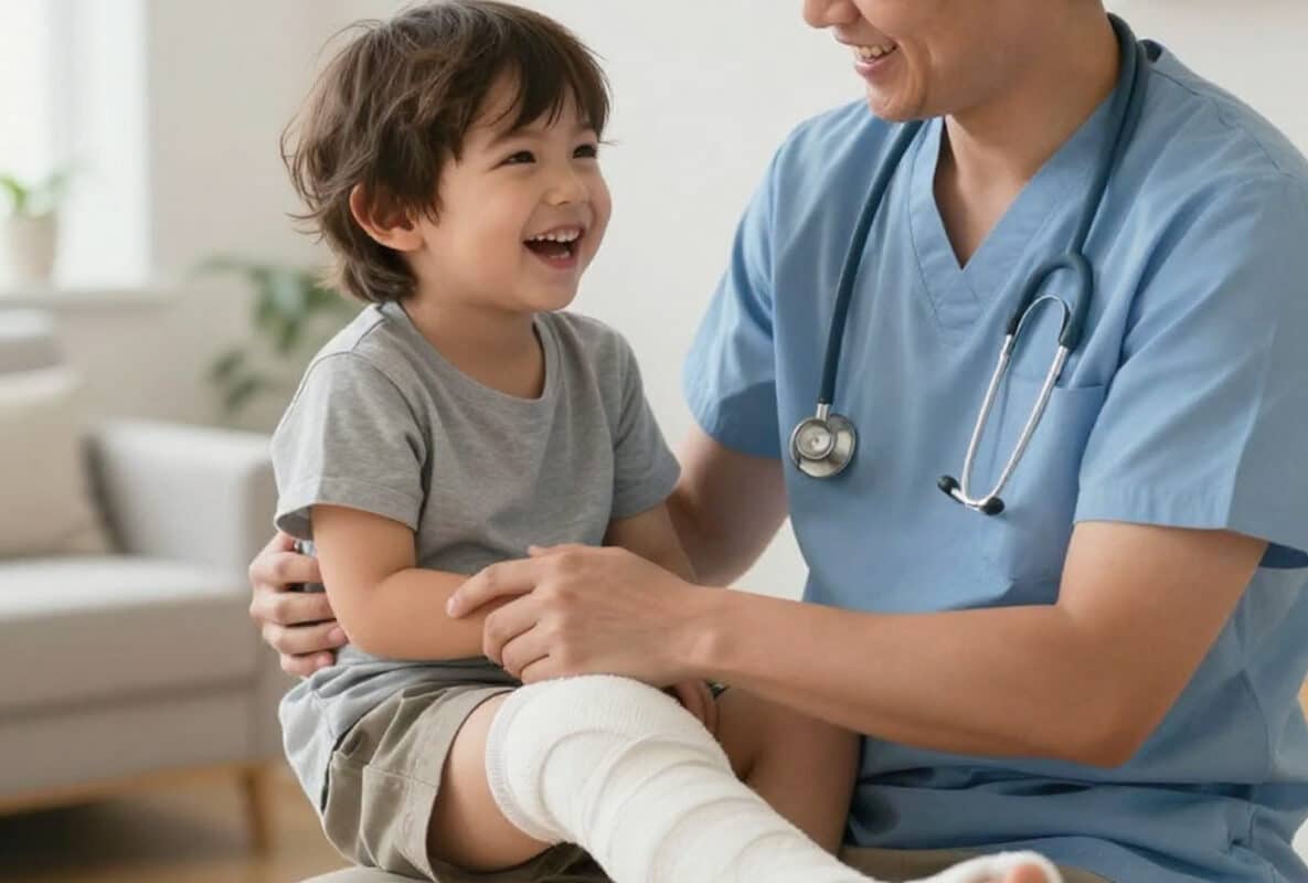 ילד מחייך עם גבס על הרגל יושב ליד רופא בסביבה ביתית - קצבת ילד נכה עם שברים פתולוגיים